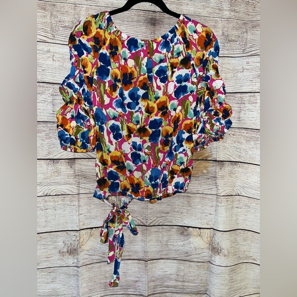 🤎3/$10 Coco Blanco Colorful Floral Puff Sleeve Blouse Size Small - Picture 7 of 7